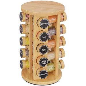 New England Stories Revolving Spice Rack Set with 16 Spice Jars, Kitchen Spice Tower Organizer for Countertop or Cabinet - Carous (Bamboo)