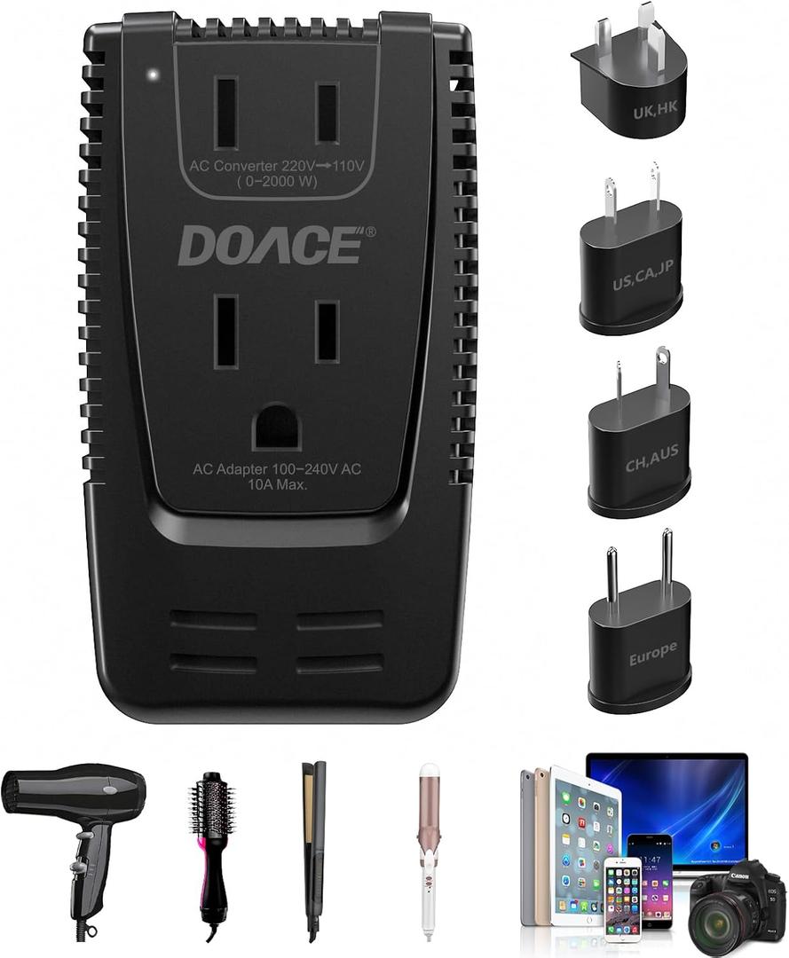 DOACE 2000W 220V to 110V Travel Voltage Converter for Hair Dryer/Straightener Curling Iron Electrical Kettle Toothbrush Shaver Laptop Cell Phone Camera, 10A Power Plug Adapters US to EU/UK/AU/Asia