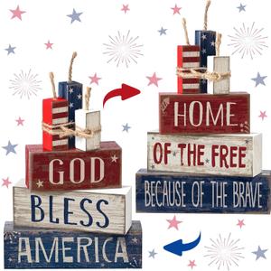 Moucuny 4 Pcs 4th of July Table Decorations Reversible Memorial Day Table Centerpiece Patriotic Fireworks Block Sign with String for 250th Anniversary USA Tiered Tray Home Shelf Decor