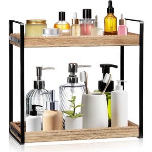 Bathroom Countertop Organizer, 2 Tier Wood Bead Vanity Organizer Tray for Bathroom Cosmetic Skincare Perfume Kitchen Coffee Station Organization(Brown,Classic)