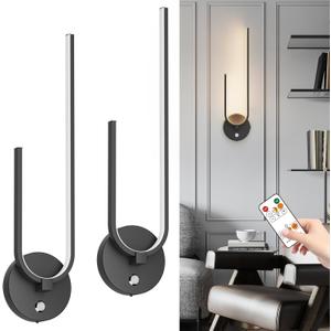 Black Battery Operated Wall Sconces with Remote Control, Rechargeable LED Wall Lights Cordless Wall Sconces Lamp 6000mAh, 3 Color Temp & Dimmable Wireless Wall Light for Bedroom,Living Room (2 Pack)