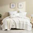Boho Ivory Quilt Queen Size Bedding Sets with Pillow Sham, Bohemian Lightweight Soft Bedspread Coverlet, Cream Farmhouse Floral Vintage Thin Comforter Bed Cover All Season, 3 Pieces, 90x90 inches