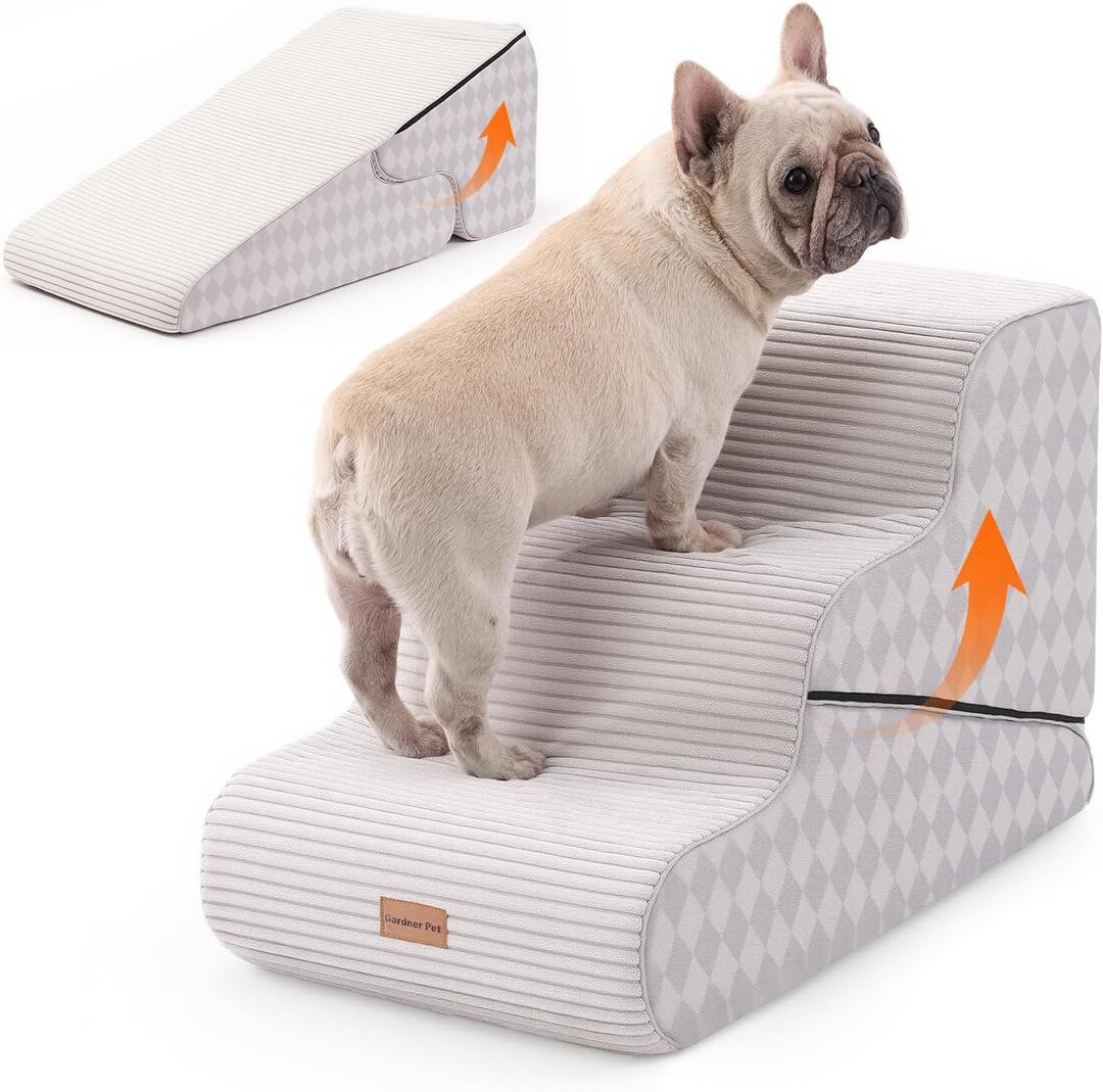 Gardner Pet Dog Stairs for Small Dogs 16.5" H, 2 in 1 Transformable 3-Step Pet Stairs and Ramp, Dog Steps for Couch Bed (13-20 in) Non-Slip Waterproof Cover and CertiPUR-US Certified Foam, Checked