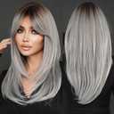 7JHH WIGS Grey Ombre Layered Wig with Curtain Bangs Long Straight Pixie Cut Natural Looking Heat Resistant Synthetic Hair Fiber Wigs for Women Daily Used