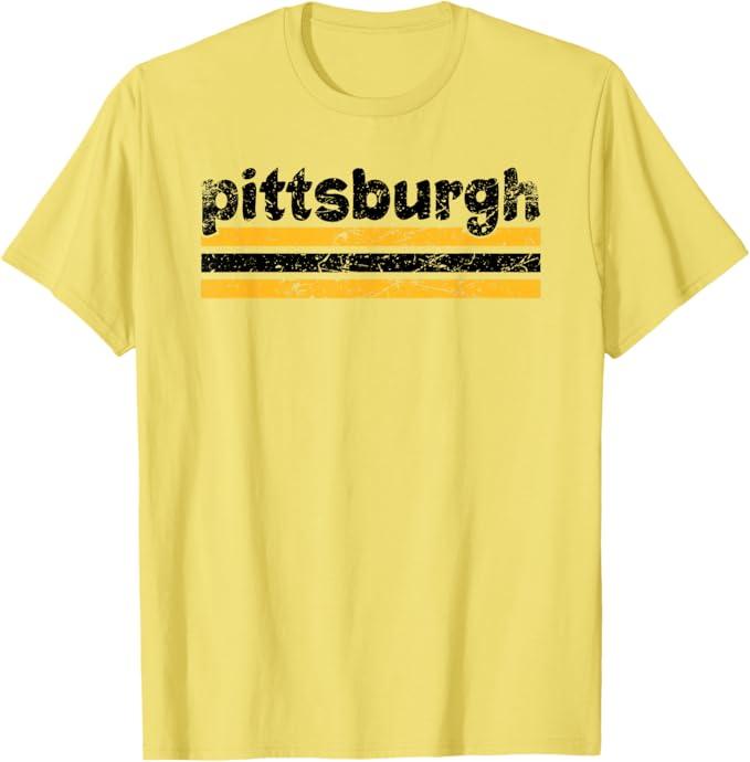 Pittsburgh Pennsylvania Three Stripe Vintage Weathered T-Shirt (Yellow, L)