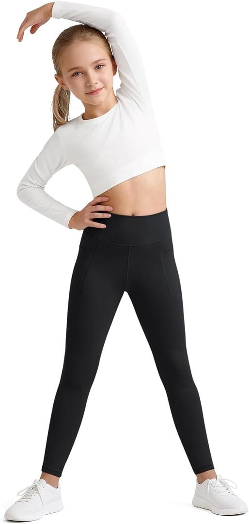 G4Free BareFeel Girls Leggings High Waist Athletic Yoga Pants with Pockets Dance Running Tights 6-12 Years (Black, M)
