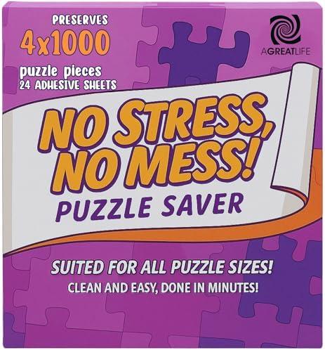 AGREATLIFE 24 Adhesive Puzzle Saver Sheets - Preserve 4 x 1000 Pieces Jigsaw Puzzles - No Stress No Mess - Puzzle Glue Sheets Peel and Stick (24 Sheets with 8 Adhesive Hangers)