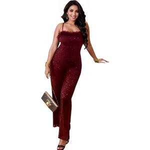 Sequin Mesh Jumpsuit for Women Homecoming, Birthday, Nightclub, NYE | Sparkly Rhinestone Mesh,Wide Leg Bodycon Outfit, Ideal for Birthday,Nye,Club Night Out,Fully Lined Stretchy Fabric (Medium, Burgundy-901579)