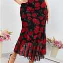 WDIRARA Women's Plus Size Floral Ruffle Hem Bodycon Midi Skirt Elastic Waist Fishtail Skirts