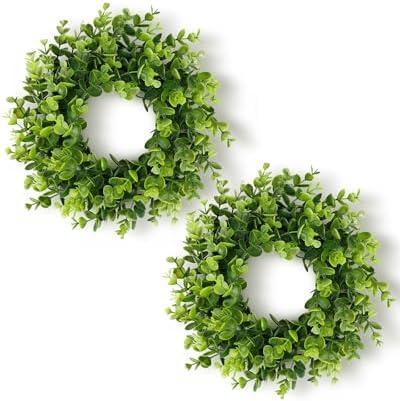 DDHS 11 Inch Artificial Boxwood Small Wreath for Front Doors, 2 Packs Green Leaves Wreath, Spring Summer Mini Wreaths for Indoor Outdoor Hanging Wall Window Wedding Home Decor Party Farmhouse