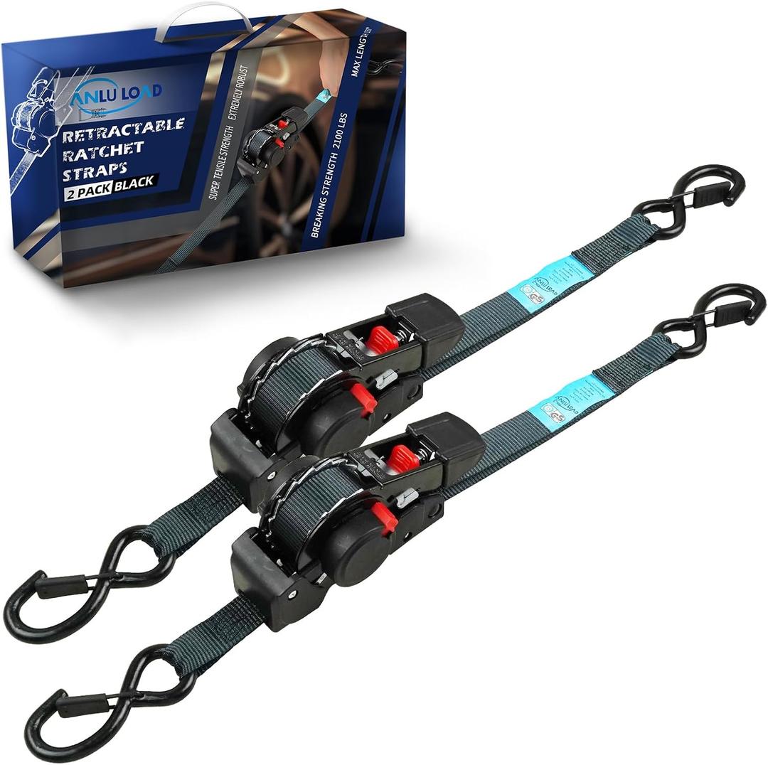 ANLULOAD Retractable Ratchet Strap(1 in x 11.5 ft),Ratchet Tie Down Strap for Motorcycles, Boats,Atvs,Utvs.W.L.L:700 Lbs/B.S:2,100 Lbs-(Black/2Packs)