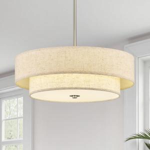 VONLUCE 18" Modern Drum Chandelier, 4-Light 2-Tier Linen Pendant Light