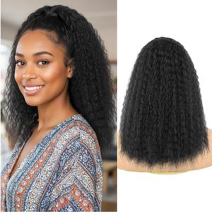 Kinky Straight Drawstring Ponytail Extension for Black Women 16inch Nautral Black Wavy Yaki Straight Ponytail Synthetic Fake Pony Tail for Daily Use(1B)