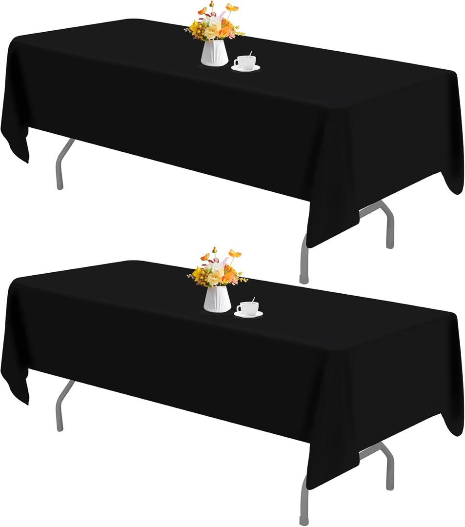 HAISIWLKJ 2 Pack 70 x 120 Inch Black Rectangle Tablecloth for 6 or 8 Foot Table Washable Reusable Outdoor Polyester Fabric Decorative TableCover for Dining Table, Buffet, Camping, Baby Shower, Party