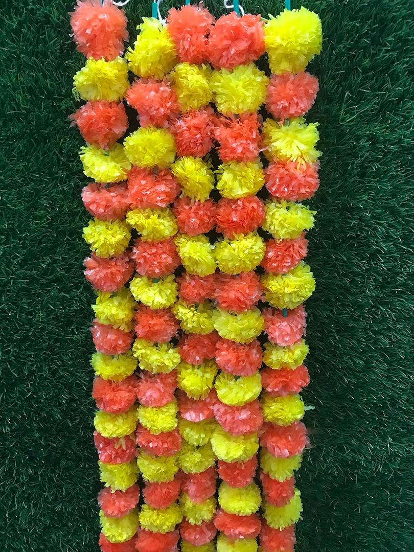 5 PC - 5 feet Marigold Garland |Indian/American Wedding Party Mantle Decoration, Faux Garlands Wedding Garland, Diwali Decoration, Spring Bush Floral! (Dark Orange and Yellow)