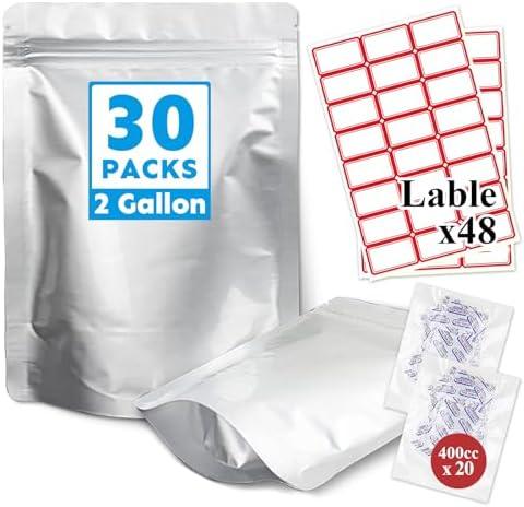 Cloudslucky Mylar Bags 2Gallon 30PCS 17"X13" for Food Storage with Oxygen Absorbers&Labels,10Mil Thick Resealable Zipper&Heat Seal Stand Up Pouches for Packaging Long Term,Dried Food,BPA Free