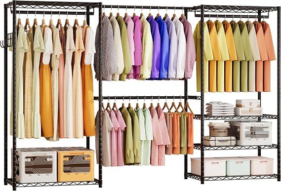 ecobedding Heavy Duty Garment Rack, 1000LBS Max Load Freestanding Closet Organizer with 6 Storage Shelves & 3 Adjustable Hanging Rods, Multifunctional, Glossy Black, 15.75" D x 70-88.5" W x 76.5" H