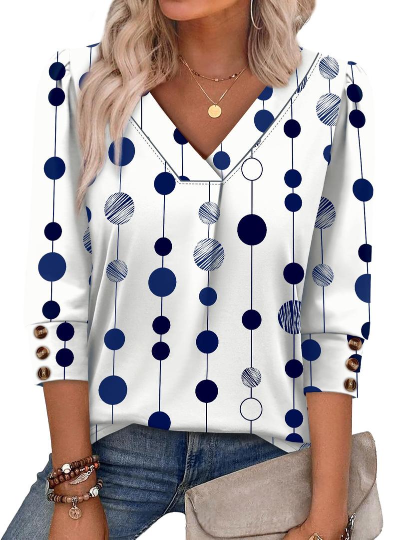 OFEEFAN Summer Tops for Women 2026 Vacation Business Casual Outfits for Women Blouses for Women Dressy Casual L, White Blue Polk