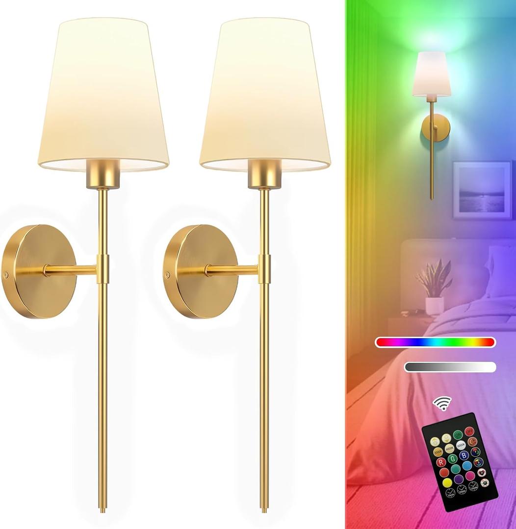Battery Operated Wall Sconces Set of Two, Gold Wireless Wall Lights with 5200mAh Dimmable Bulbs and Remote, 12 Color Rechargeable Wall Sconce for Bedroom Living Room Hallway, 24 Inch