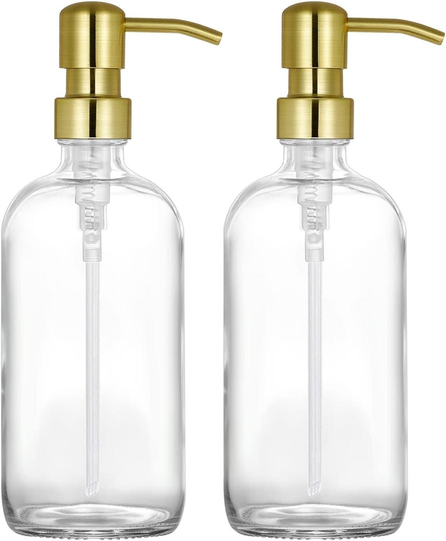 2 Pack Thick Clear Glass Pint Hand Soap Dispenser Bathroom with Gold Stainless Steel Pump, 16ounce Clear Boston Round Bottles Dispenser with Rustproof Pump for Kitchen Dish, Lotion Soap
