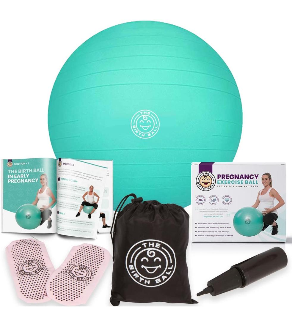 Birthing Ball for Pregnancy & Labor - 18 Page Pregnancy Ball Exercises Guide by Trimester - Non Slip Socks - How to Dilate, Induce, & Reposition Baby for Mom (65 cm, Mint Green)