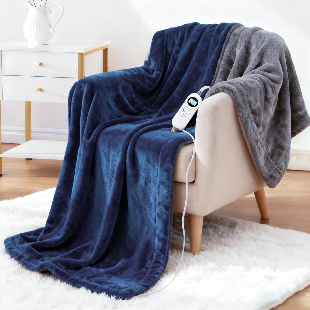 Electric Heated Blanket Throw 50''x60''  Soft Dual-Sided Flannel, 12 Heat Settings, Smart Timer, ETL & FCC Certified, Machine Washable (Blue & Gray, Single(50"x60"))