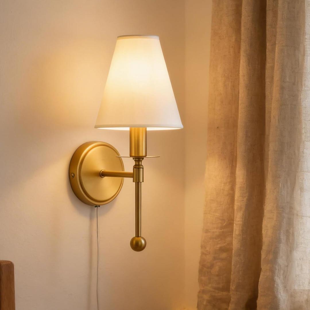 Plug in Wall Lamp,Plug-in or Hardwired Installation Wall Sconce with Beige Fabric Shade for Wall Painting,Modern Living Room, Bedroom, Hallway,Led Bulbs Included-(Copper Color)