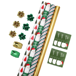 LaRibbons Christmas Wrapping Paper Set, Classic Santa & Stripe Design with Gift Bow & Ribbons & Tags, Perfect for Holiday, Party, Xmas Celebration, 30 Inch X 10 Feet (4Rolls, 100 sq.ft.ttl.)