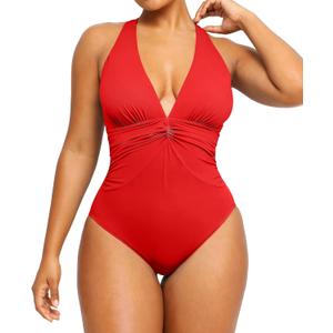 SHAPELLX Women's One Piece Swimsuit Tummy Control Ruched Full Coverage Bathing Suit V Neck Slimming Swimwear (Large, Red)