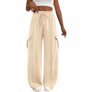 BTFBM Women's Running Sweatpants Fall Baggy Wide Leg Lounge Pants Casual Workout Joggers Pants with Pockets (XS, Beige)