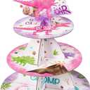 WERNNSAI 3-Tier Watercolor Dinosaur Cupcake Stand - Dinosaur Birthday Party Decorations for Girls Kids Pink Cupcake Holder Reusable Cardboard Dessert Tower for Dino Theme Party Baby Shower Supplies