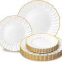 Lullaby 60PCS Pearl White Scalloped Plastic Plates with Gold Rim, Disposable Elegant Plates Include 30pcs Dinner Plate 10.25", 30pcs Dessert Plate 7.5", Perfect for Daily Use, Wedding and Party