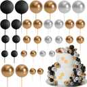 ASTARON 32 Pcs Ball Cake Topper Decorations Mini Balloons Cake Topper Sticks Foam Balls Cake Picks for Graduation Wedding Party Birthday Cake Decorations (Gold Silver Black)