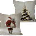 Vintage Christmas Decorative Throw Pillow Cover, Rustic Cozy Winter Snowy Farmhouse Christmas Santa Tree Holiday Pillow Covers for Home Room Bed Sofa Decor, 18x18 Inch Set of 2