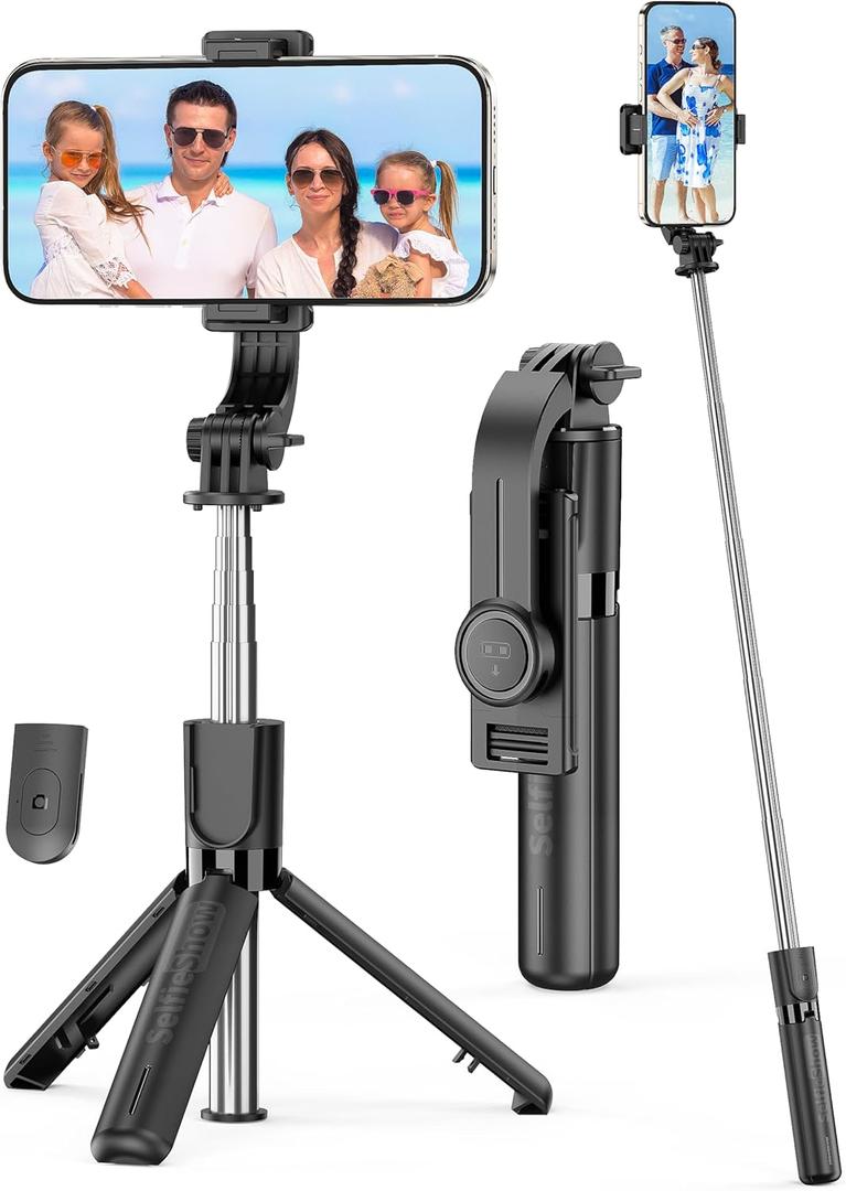 Portable Selfie Stick, 4 in 1 Extendable Phone Tripod Stand with Detachable Wireless Remote & Phone Holder 360 Rotating Mini Travel Tripod Compatible with iPhone 16/15/14/13 Pro/Android/Gopro