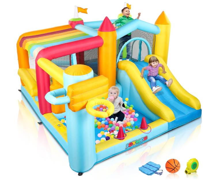 JOYMOR 9-in-1 Bounce House for Ages 8-12 with Height-Adjustable Basketball Hoop, 30s Quick Inflatable Bouncer for Ages 3-6 with Blower, Portable Bag for Indoor & Outdoor Party (Kiosk Theme) 