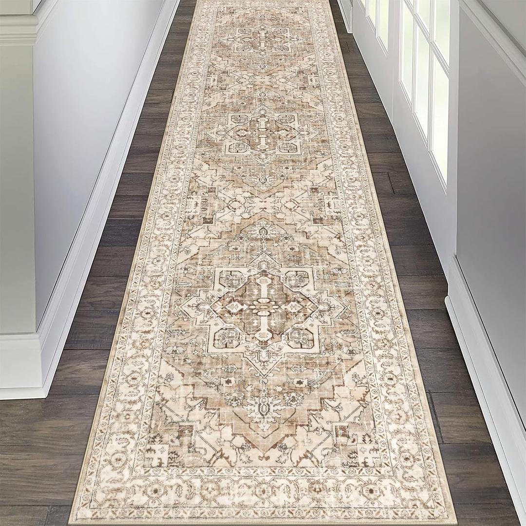 Pauwer Hallway Runner Rug 2x8 Washable Rugs Runner Non Slip Carpet Runner Boho Farmhouse Vintage Throw Area Rugs Floor for Kitchen Entryway Laundry Room Bedroom Bathroom, Beige Brown