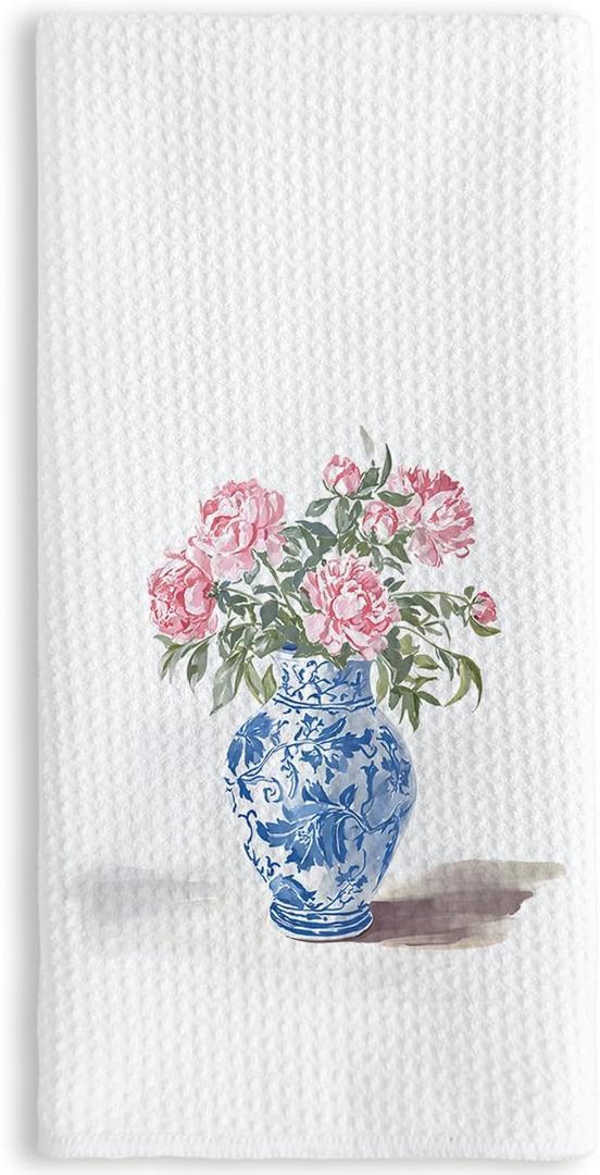 Floral Kitchen Towels 16x24 Inch, Blue and White Chinoiserie Porcelain Floral Hand Towels for Bathroom Decor, Grand Millenial Decor Dish Tea Towels for Kitchen Pack of 3