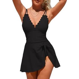 Charmo One Piece Swimdress Swimsuits for Women Scalloped Tummy Control Swim Dress Tie Knot Skirt Bathing Suit Size M