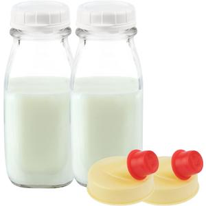 kitchentoolz 12 Oz Square Glass Milk Jugs with Caps - Perfect Milk Container for Refrigerator - 12 Ounce Glass Milk Bottle with Tamper Proof Lid and Pour Spout - Pack of 2