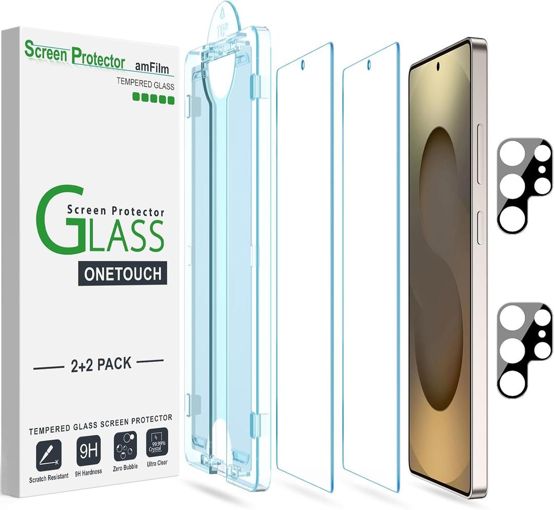 amFilm Auto-Alignment OneTouch for Samsung Galaxy S25 Ultra 6.9" Screen Protector + Camera Lens Protector, Tempered Glass, 30 seconds Installation, Bubble Free, Case Friendly, Anti-Scratch [2+2 Pack]
