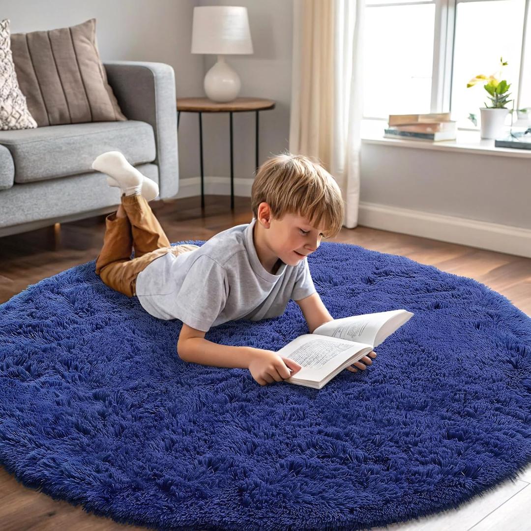 OLANLY Navy Blue Round Rugs for Bedroom - Machine Washable, 4x4 Feet Circle Area Rugs for Living Room, Soft and Fluffy Shaggy Carpet for Teen Girls and Boys, Dorms, Nursery Rooms, Home Decor Aesthetic