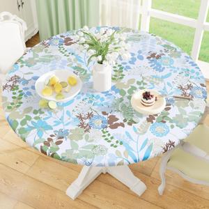 misaya Round Fitted Tablecloth with Elastic Edge, 100% Waterproof Oil Proof Plastic Table Cover, Vinyl Flannel Backed Tablecloth Fits 25"-30" Round Tables for Dinner, Outdoor, Picnic, Leaves (Blue and Green)