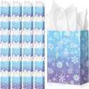 24 Pcs Winter Snowflake Gift Bags, Blue and Purple Snowflake Goodie Bags Bulk with 24 Tissue Paper, Holiday Kraft Paper Party Favor Bags with Handles for Birthday Christmas Winter Wonderland