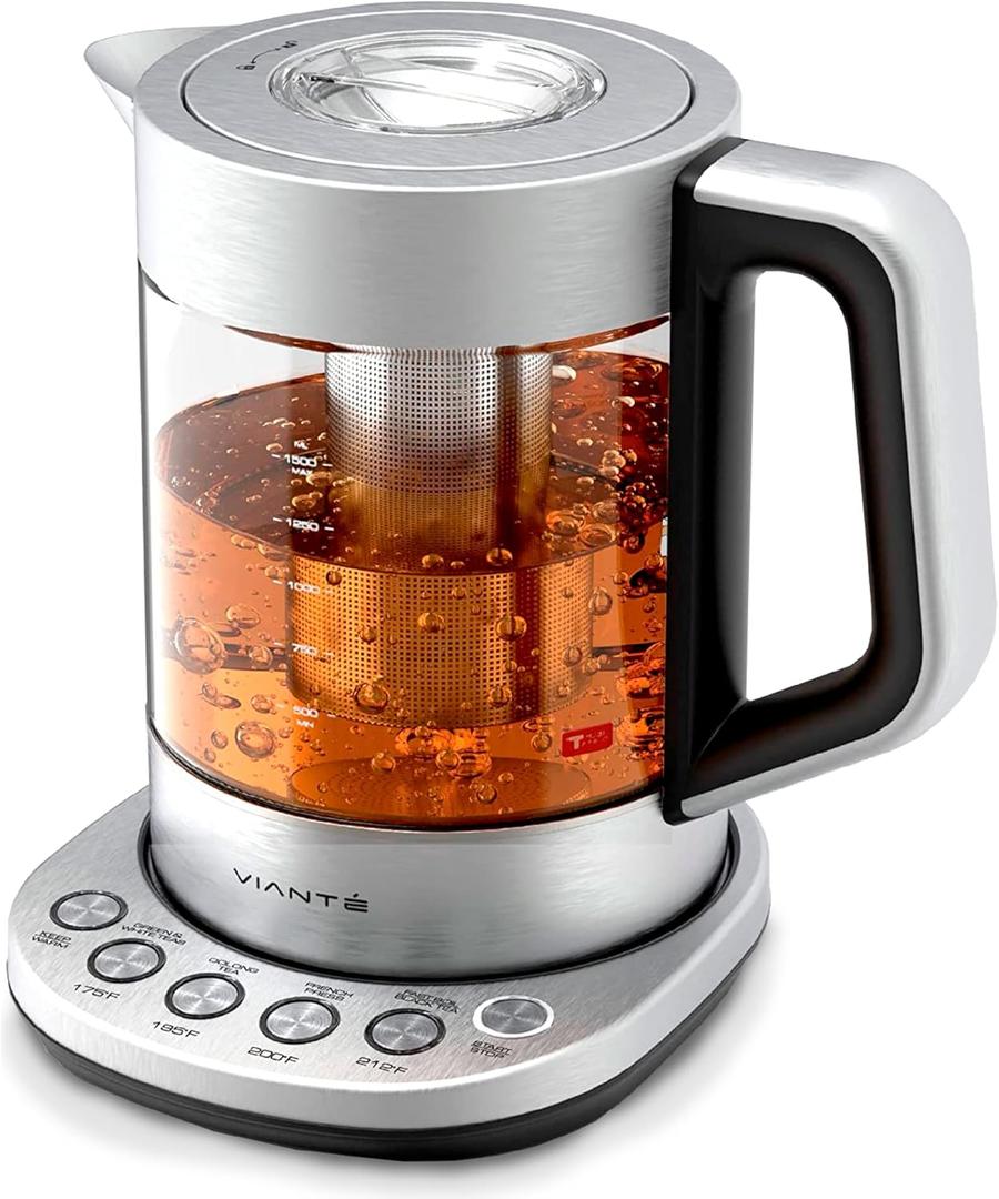 Viant Electric Tea Kettle With Infuser for Loose Leaf, No Plastic In Contact With Water, Hot Tea Maker with Temperature Control, Automatic Shut Off, 1.5L Borosilicate Glass