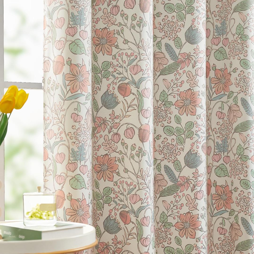 jinchan Nursery Curtains 95% Blackout Pink 84 Inch Long Floral Curtains for Girls Room, Farmhouse Drapes for Living Room Bedroom Darkening Window Treatment Grommet Top Set of 2 Panels