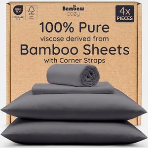 Bambaw 100% Viscose Derived from Bamboo Sheets Queen Size Set – 4pcs Cooling Sheet Set, Super Soft Sheets Queen Size, Luxury Bed Sheets, Deep Pocket Fits Up to 16'' Mattresses (Charcoal)