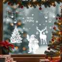 Mfault Merry Christmas Santa Claus White Window Clings 4 Sheets, Xmas Tree Reindeer Snowflake Ornament Ball Stickers Decals Decorations, Winter Holiday Gifts Home Kitchen Decor