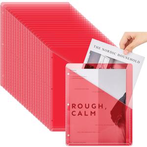 Seajan 48 Pcs Pocket Folders for 3 Ring Binder Clear Plastic Folders Sleeves with 2 Pockets 3 Hole Punch Binder Dividers Poly Slash File Jackets for Office School Document Organizer (Red)