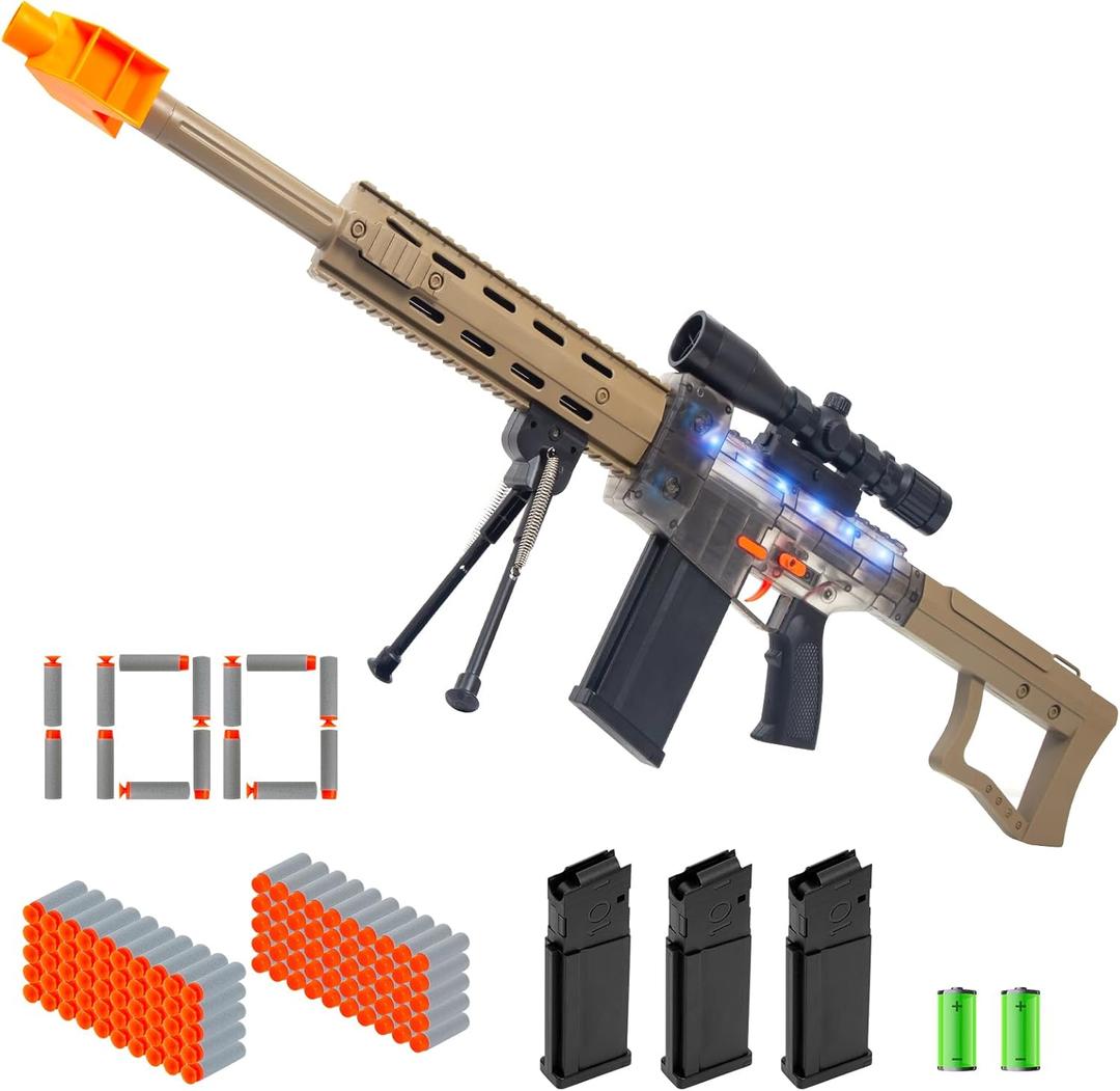 Realistic Toy for Nerf Guns Darts - Electric Sniper Rifle Automatic Foam Blaster with Scope 100 Soft Bullets 3 Magazine for Kid Boy Ages 6-12 Years Old, Indoor Outdoor Game for Adult Child Desert